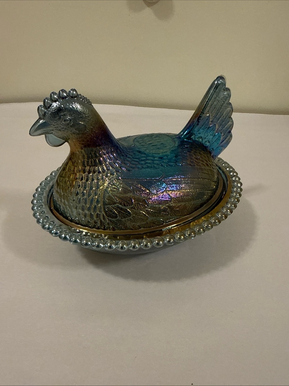Vintage Indiana Glass Blue-Green Iridescent Hen on nest